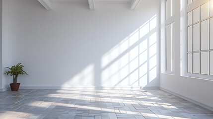 Obraz premium Sunlight streams through large windows, illuminating an empty white room. The room is filled with a sense of calm and tranquility, offering a blank canvas for imagination.
