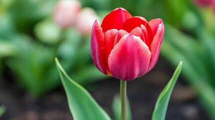 A close-up of a red tulip outdoors, showcasing its pink petals and green leaves from above. This macrophotography image provides free text space and serves as a natural wallpaper background.