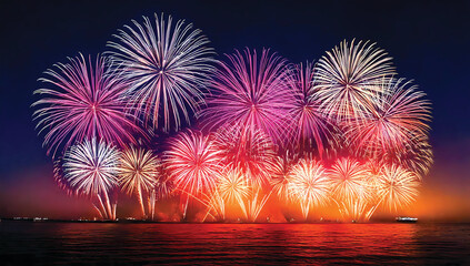 Colorful fireworks festival happy new year black background, abstract energy with motion