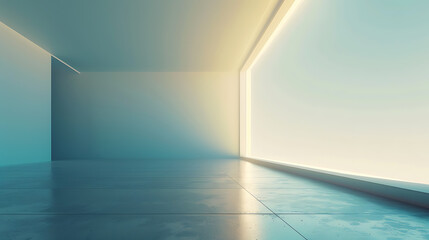 A minimalist empty room with a large window and a sleek design. The soft light filtering through the window illuminates the concrete floor, creating a sense of space and tranquility.