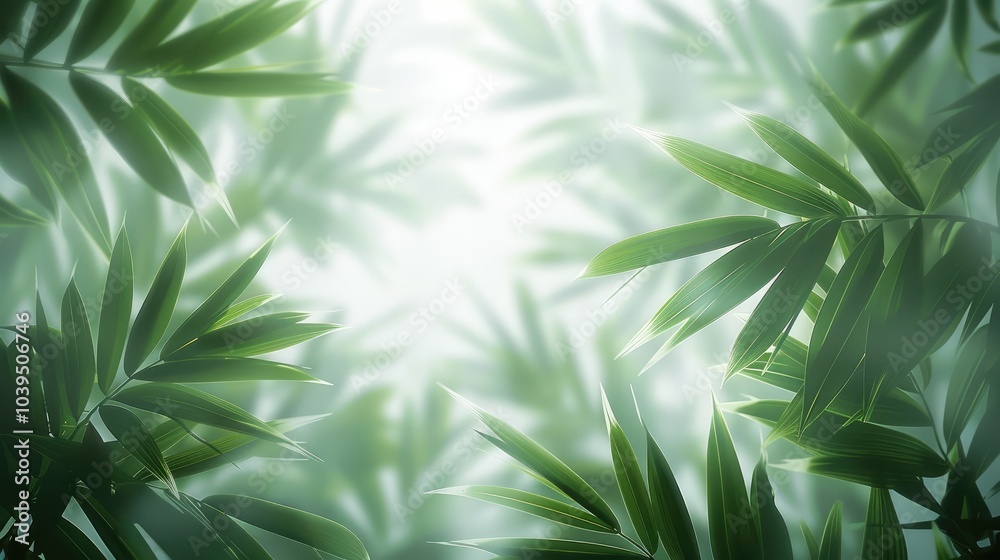 Poster blurred white background with green palm leaves, and the light gray creates an elegant atmosphere. t