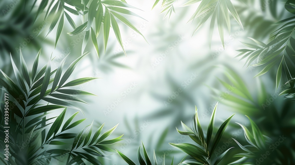 Poster blurred white background with green palm leaves, and the light gray creates an elegant atmosphere. t