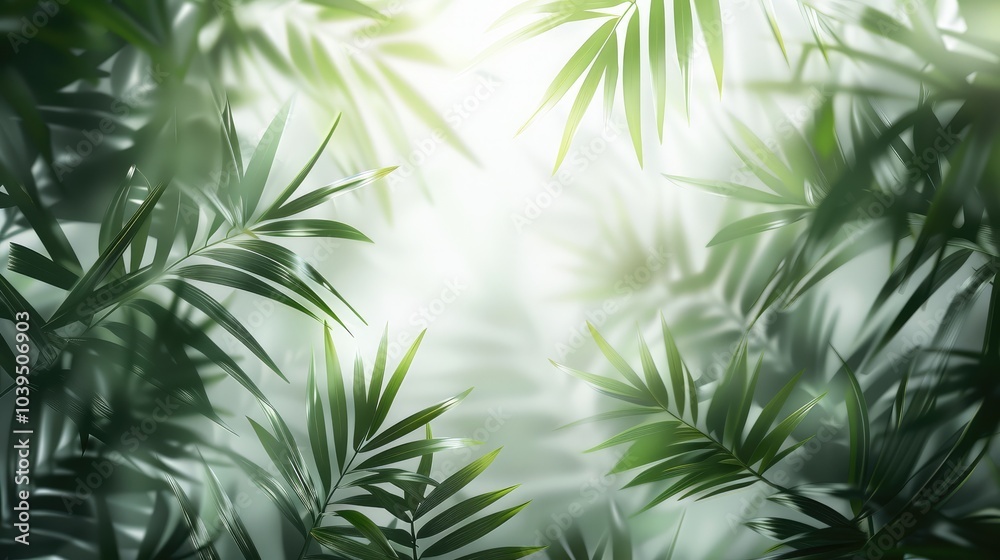 Poster blurred white background with green palm leaves, and the light gray creates an elegant atmosphere. t