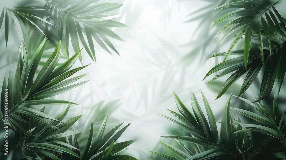 Poster blurred white background with green palm leaves, and the light gray creates an elegant atmosphere. t