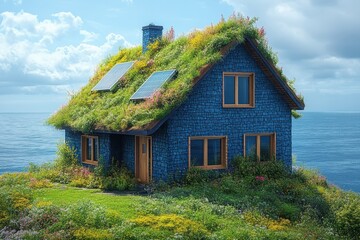 Fototapeta premium Cozy blue house with an eco-friendly garden overlooking the ocean on a sunny day