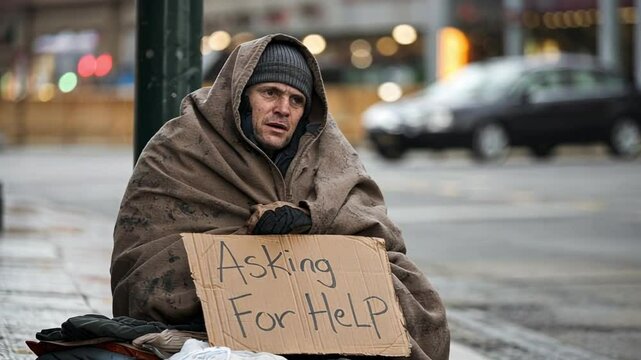 A homeless man sits on a street corner with a sign, ignored by passers-by. Isolation and neglect are often associated with homelessness.