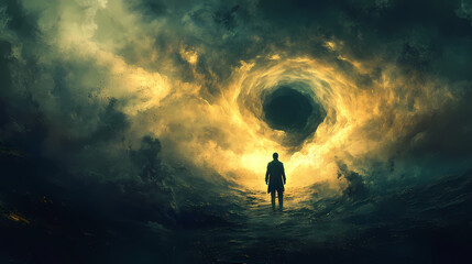 Fototapeta premium A solitary figure stands in the center of a dramatic, swirling landscape. The clouds above form a black void with a glowing, ethereal rim.