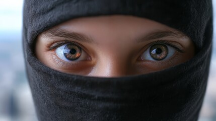 Naklejka premium A tight shot of a face hidden under a black hood and swathed in a black scarf