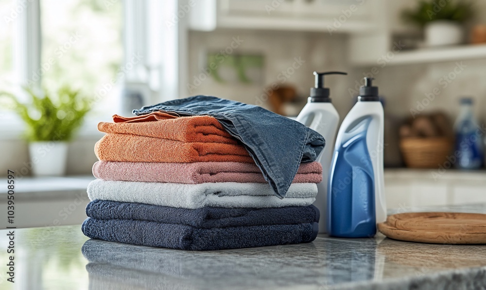 Poster A stack of clean, folded towels with laundry detergent bottles on a countertop in a kitchen.