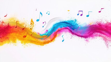 Vibrant musical notes swirl through colorful paint splashes, creating a lively and artistic representation of music and creativity.