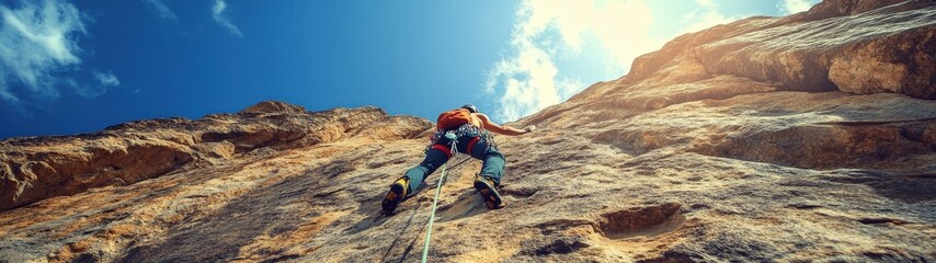 A climber ascends a steep rock face under a bright sky, showcasing determination and adventure in an outdoor environment.