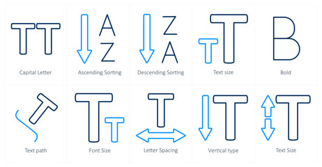 A set of 10 editing tools icons as capital letter, ascending sorting, descending sorting