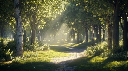 Obraz premium Sunbeams illuminate a pathway through a lush forest.