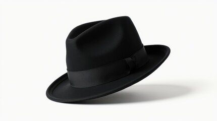 A classic black fedora hat tilted slightly on a pristine white backdrop, evoking a sense of mystery and timeless elegance with its sharp silhouette and understated style.