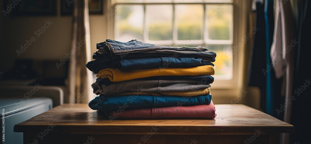 Poster A stack of folded clothes sits on a wooden table with a window behind it.