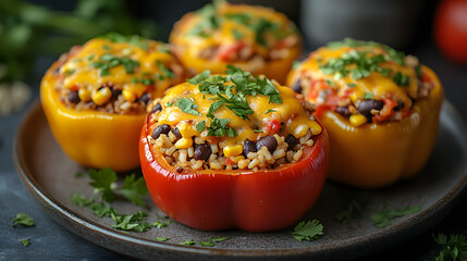 A plate of baked stuffed bell peppers, filled with a mixture of brown rice, black beans, corn, and topped with melted cheese and fresh cilantro