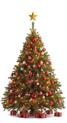 Obraz premium Festive Christmas tree adorned with colorful ornaments, isolated on a white background. Ideal for holiday-themed designs, cards, and marketing materials.