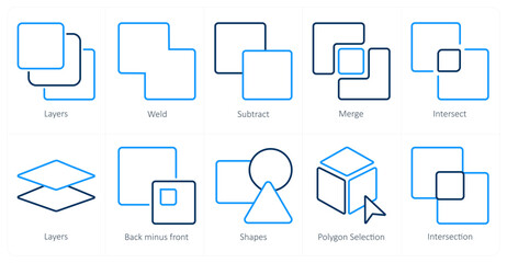 A set of 10 editing tools icons as layers, weld, subtract