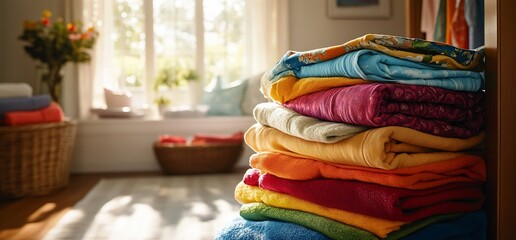 A stack of folded clothing in various bright colors, sits on a shelf in a bright, sunny living room.