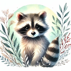 Watercolor illustration of a raccoon