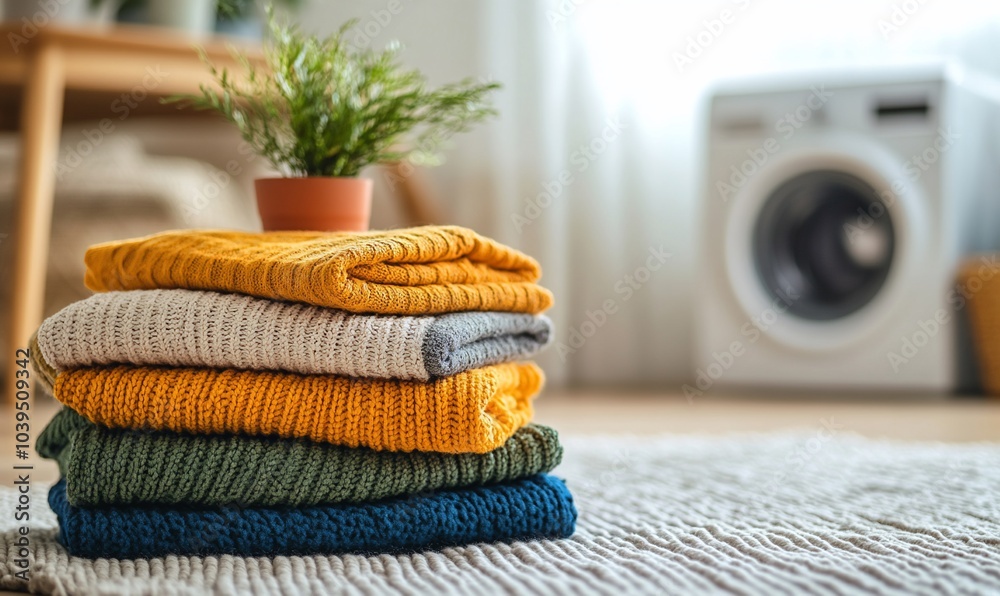 Poster a stack of folded sweaters in various colors sits on a rug in front of a washing machine.