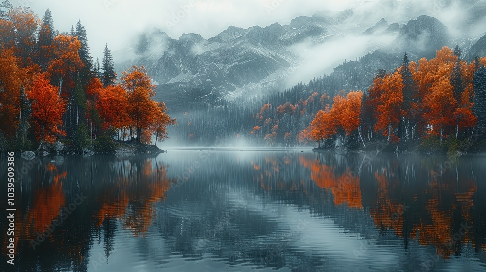 Poster A Lake has many trees growing on both sides of it. reflection in the water. Fog is floating around. and behind the mountains were dense forests covered with orange foliage.