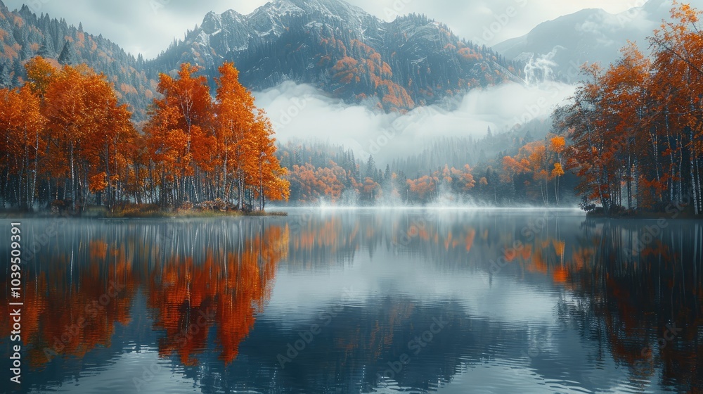 Poster A Lake has many trees growing on both sides of it. reflection in the water. Fog is floating around. and behind the mountains were dense forests covered with orange foliage.