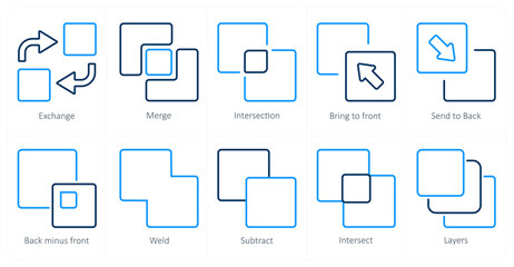 A set of 10 editing tools icons as exchange, merge, intersection