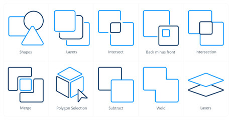 A set of 10 editing tools icons as shapes, layers, intersect