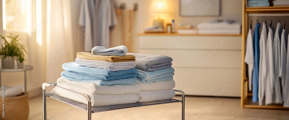 Poster A stack of folded towels and linens on a metal rack in a modern bathroom.