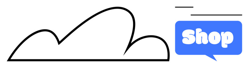 Black curved outline shapes represent a cloud while a blue speech bubble contains the word shop in white. Ideal for online shopping, weather, retail stores, cloud services, and marketing. Minimalist