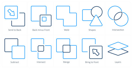 A set of 10 editing tools icons as send to back, back minus front, weld