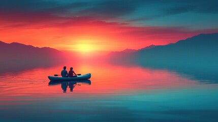 A couple is in a canoe on a lake at sunset