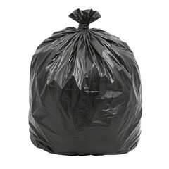 Large black garbage bag tightly tied at the top, isolated on a white background. Ideal for waste management, environmental campaigns, or cleaning service visuals.