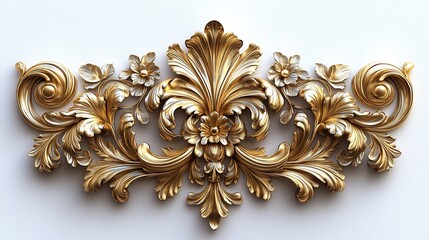 Opulent 3D gold ornament set on a white background with intricate Baroque elements including swirling floral patterns filigree scrolls and regal vintage flourishes showcasing historical grandeur