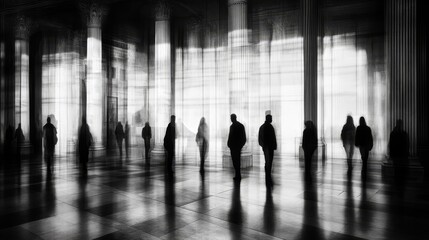  A black-and-white image of a group standing before a building with columned backdrop