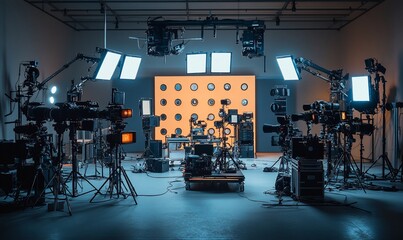 A television studio with multiple cameras, lighting, and equipment ready to film.