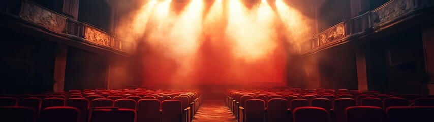 A dramatic theater stage with bright lights and fog, creating an engaging atmosphere for performances and events.