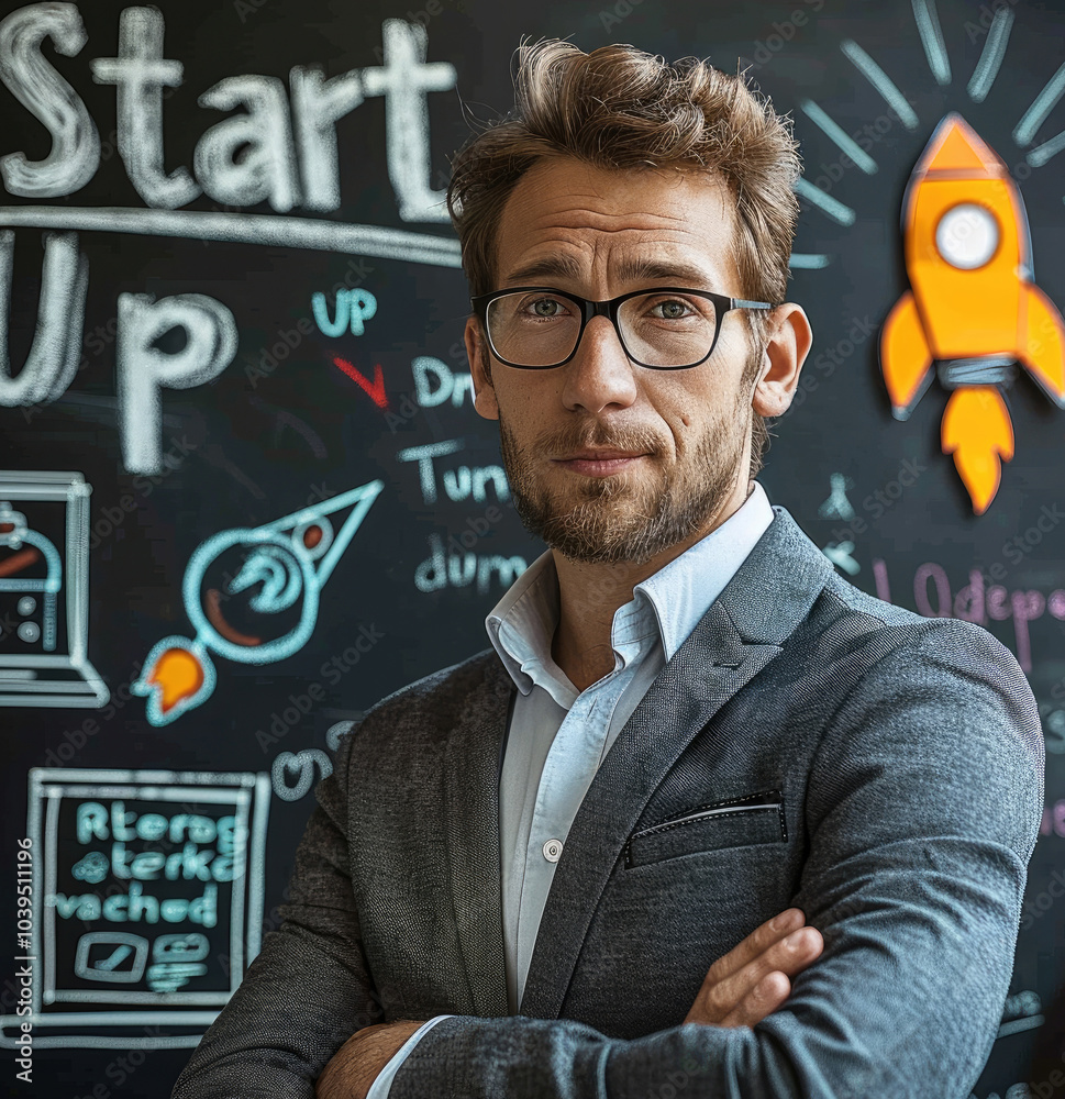 Poster a man in a suit thinking about his business plan, with a rocket and 