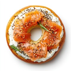 A bagel topped with cream cheese, smoked salmon, and spices, garnished with herbs.