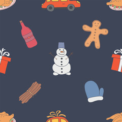 Seamless christmas pattern. New year background. Colored illustration with christmas icons