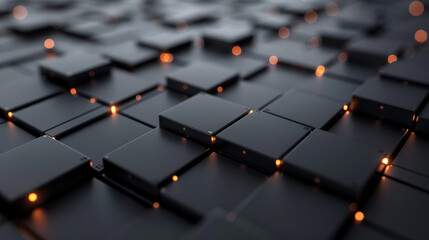 Obraz premium mesmerizing abstract tech grid featuring glowing nodes and interconnected elements, creating dynamic visual experience. arrangement of dark squares with illuminated accents evokes sense of depth and