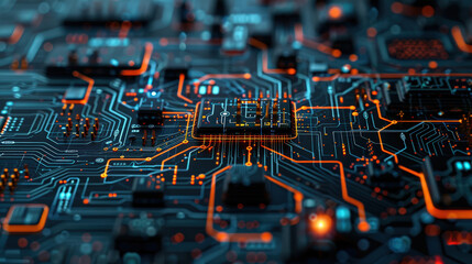 close up view of complex circuit board featuring glowing nodes and intricate connections, showcasing beauty of technology and innovation