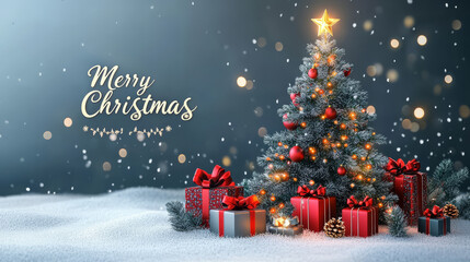 beautifully decorated Christmas tree with glowing lights and red ornaments stands amidst snowy landscape, surrounded by wrapped gifts. festive scene is completed with Merry Christmas message