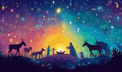 Watercolor painting of a scene from the nativity of Jesus. 