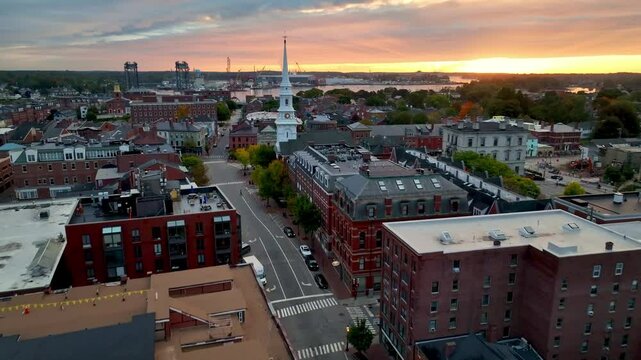 aerial push toward north church in portsmouth new hampshire