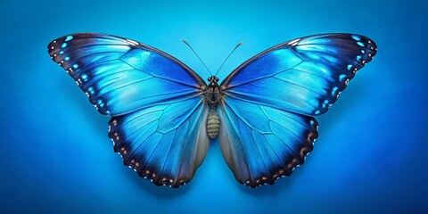 A vibrant blue butterfly with intricate patterns on its wings, showcasing the delicate beauty of nature against a serene blue backdrop.