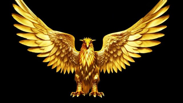 Golden griffin flapping wings against isolated black background. Stunning golden eagle spreads majestic wings. Powerful symbol of strength and freedom.