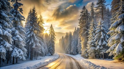 A Serene Winter Landscape with Snow-Covered Trees, a Winding Road, and Golden Sunlight Filtering Through the Branches