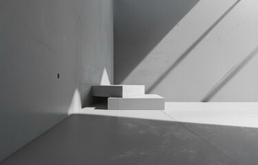 Two white rectangular platforms in a corner of a gray concrete room with diagonal sunlight.